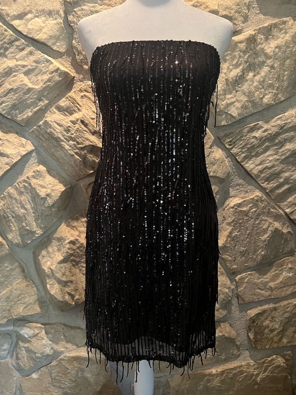 Strapless Black Sequin Fringe Fully Lined Cocktail Dress